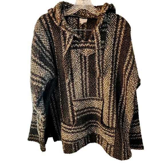 Mexican Baja Woven Hippie Cozy Pullover V-Neck Hooded Ties Front Pockets Poncho - Picture 2 of 4